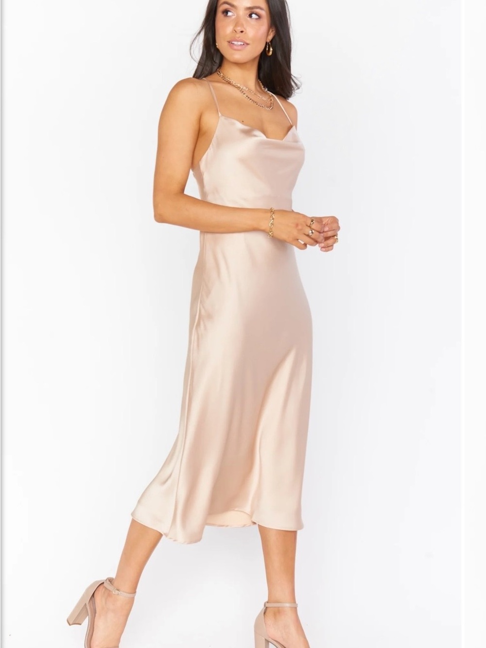 Show me your MUMU Satin Slip Midi Dress in Champagne tan sz XL lined